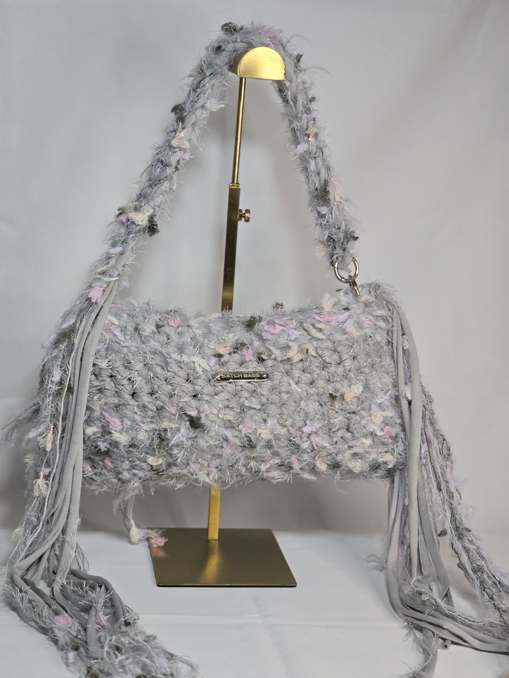 Hand Crafted Crochet Gray & Pink Textured Tweed Shoulder Bag